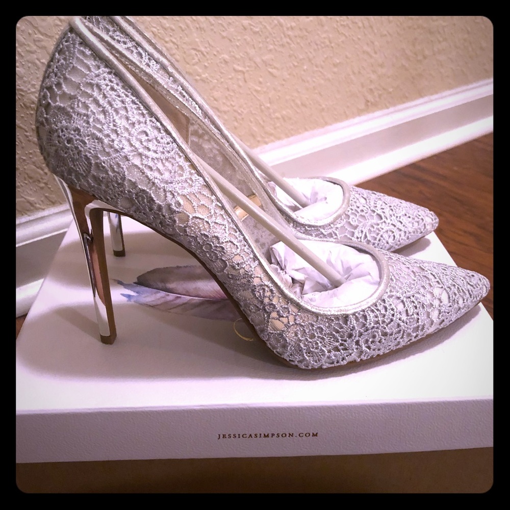 Jessica Simpson Crochet Sheer Silver Stilettos